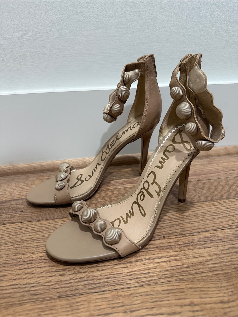 Sam Edelman Nude Scallop Button Ankle-Strap Heels